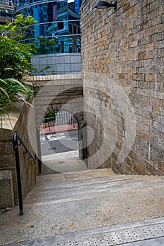 Stone staircase walkway in Tai Kwun, a historic building in Hong Kong