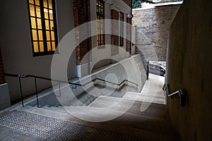 Stone staircase walkway in Tai Kwun, a historic building in Hong Kong