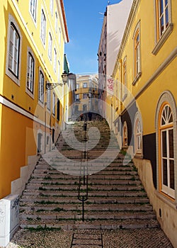 Stone stairs of the colorful street Travessa da Arrochela in the Bairro Alto neighborhood, Lisbon, Portugal