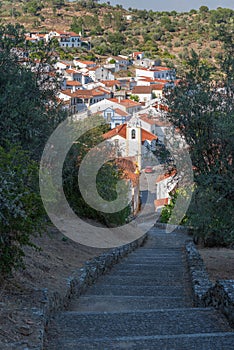 Stone stairs leading to the historic buildings in Belver village, Portugal