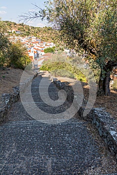 Stone stairs with rural houses in the background in Belver, Gaviao, Portugal