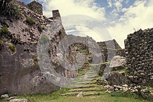 Stone Stairs to the ruins of Machu Picchu, Peru.