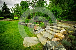 Stone Stairway on a Lush Green Garden Path