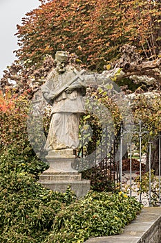 Stone statue with colored leaves of a tree and ivy