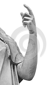 Stone statue detail of human hand isolated on white background by clipping path