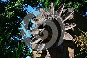 Stone statue of feathered serpent Quetzalcoatl deity worshiped in Teotihuacan