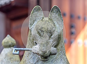 Stone statue of a fox in Japanese, kitsune with symbolic key in its mouth, the messenger of the god in Japanese, kami