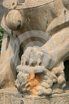 stone statue of guardian lions in a mansion (former seat of the government) in pingyao (china)