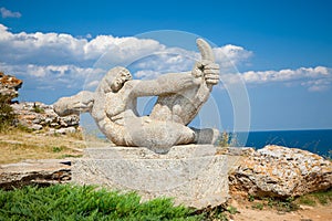 Stone statue in the medieval fortress Kaliakra, Bulgaria.