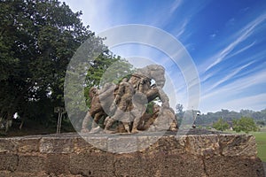 Stone statues of gallant, galloping horses at ancient Sun Temple in Konark, Odisha