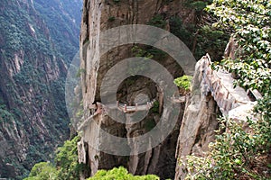 Stone Steep Steps . Treking walking hking Huangshan Mountain. An