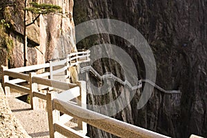 Stone Steep Steps . Trekking walking hiking Huangshan Mountain.