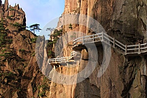 Stone Steep Steps . Trekking walking hiking Huangshan Mountain.