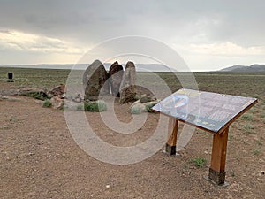 The stone steles in the Aktau mountain range at the Altyn Emel National Park panel, Kazakhstan