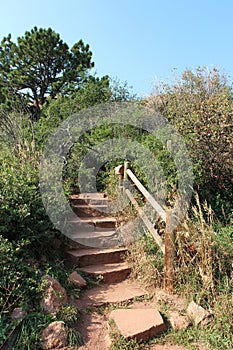 Stone steps at the beginning of the Trading Post Trail in Red Rocks Park, Colorado