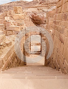 Stone steps leading down from main hall in the Roman part of the Nabataean Kingdom of Petra in the Wadi Musa city in Jordan