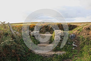 Stone Steps Leading From A Field In The Cornish Countryside, Cornwall, England.