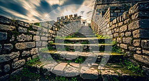 Stone Steps Leading to a Castle Under a Dramatic Sky - Generative Ai
