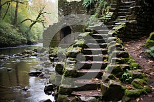 stone steps leading up to an old castle in the woods