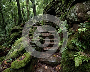 Stone Steps and Mossy Path in a Lush Green Forest