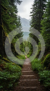 Stone Steps Winding Through a Lush Green Forest Path