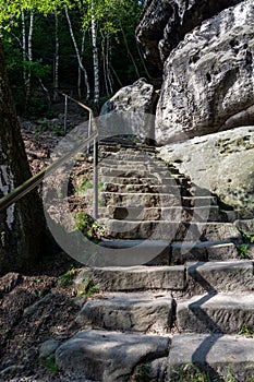 Stone steps in the woods up to the mountain Lilienstein in Saxon Switzerland