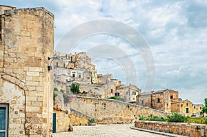 Stone streets and buildings in Matera town historical centre Sasso Caveoso of old ancient town Sassi di Matera