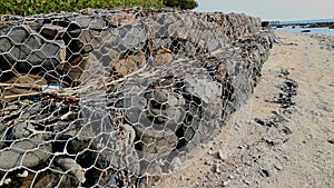 The stone structure in the wire to resist beach abrasion