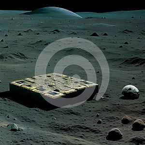 Stone structures on alien world. Moon monuments, artifacts. AI Generated image