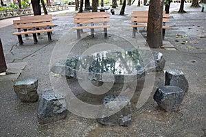 The Stone table and bench in the garden.