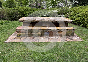 Stone table constructed by the New Deal Works Progress Administration in the 1930`s in Turtle Creek Park, Dallas, Texas.