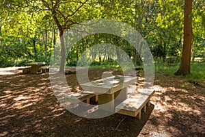 Stone Table in a park near to Water mill of AceÃÂ±as and the Carballas River, in O Rosal photo