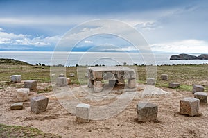Stone table - sacrificial altar, ruins on the Island of Sun (Isla del Sol) on Titicaca lake in Bolivia