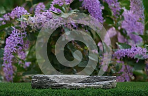 Stone tabletop podium floor in outdoors with blurred purple wreath flower forest plant nature background.Natural product perfume