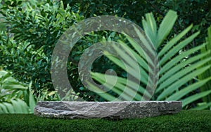 Stone tabletop podium floor in outdoors tropical garden forest blurred green leaf plant nature background.Natural product