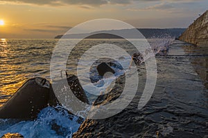 Stone tetrapods on the seashore in which the waves break.