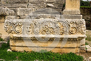 Stone Theater masks in Myra Ancient City. Demre, Antalya, Turkey