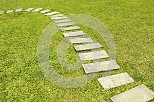 Stone tile pavement on green grass lawn