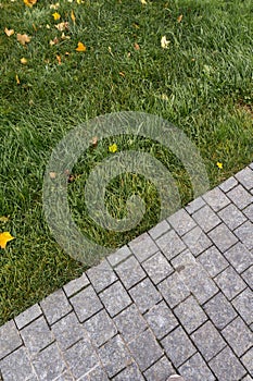 Stone tiles pavement texture with a grass. Footpaths pavement in park.