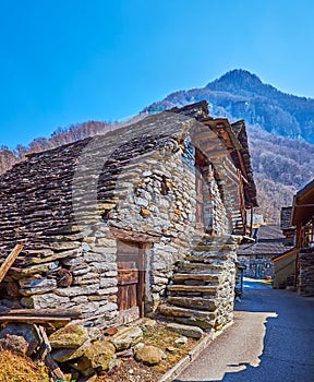 The stone tilted house, Frasco, Valle Verzasca, Switzerland photo