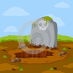 Stone tombstone stands on ground with grave