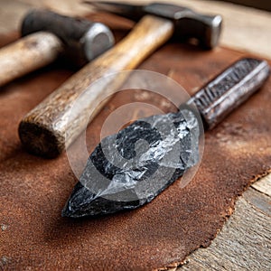 Stone tool and hammer on leather surface