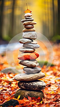 Stone tower in autumn. Stones Balance Natural stone