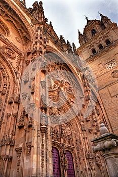 Stone Tower Door Facade New Salamanca Cathedral Spain