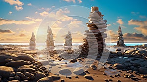 Stone tower\'s on rocky beach with wave splashes. soft focus oval pebble one on another make up group