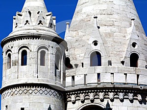 Stone towers of the Fisherman`s Bastion in Budapest