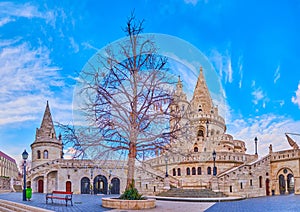 The stone towers of Fisherman\'s Bastion, Budapest, Hungary
