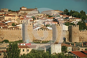 Stone towers on large wall over the hill encircling Avila