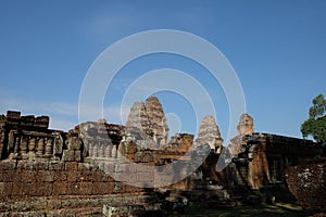 Stone towers of a medieval Khmer temple. Baray eastern Mebon