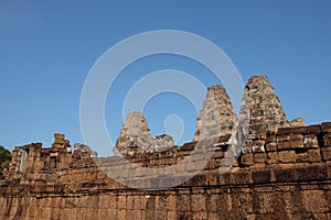 Stone towers of a medieval Khmer temple. Baray eastern Mebon